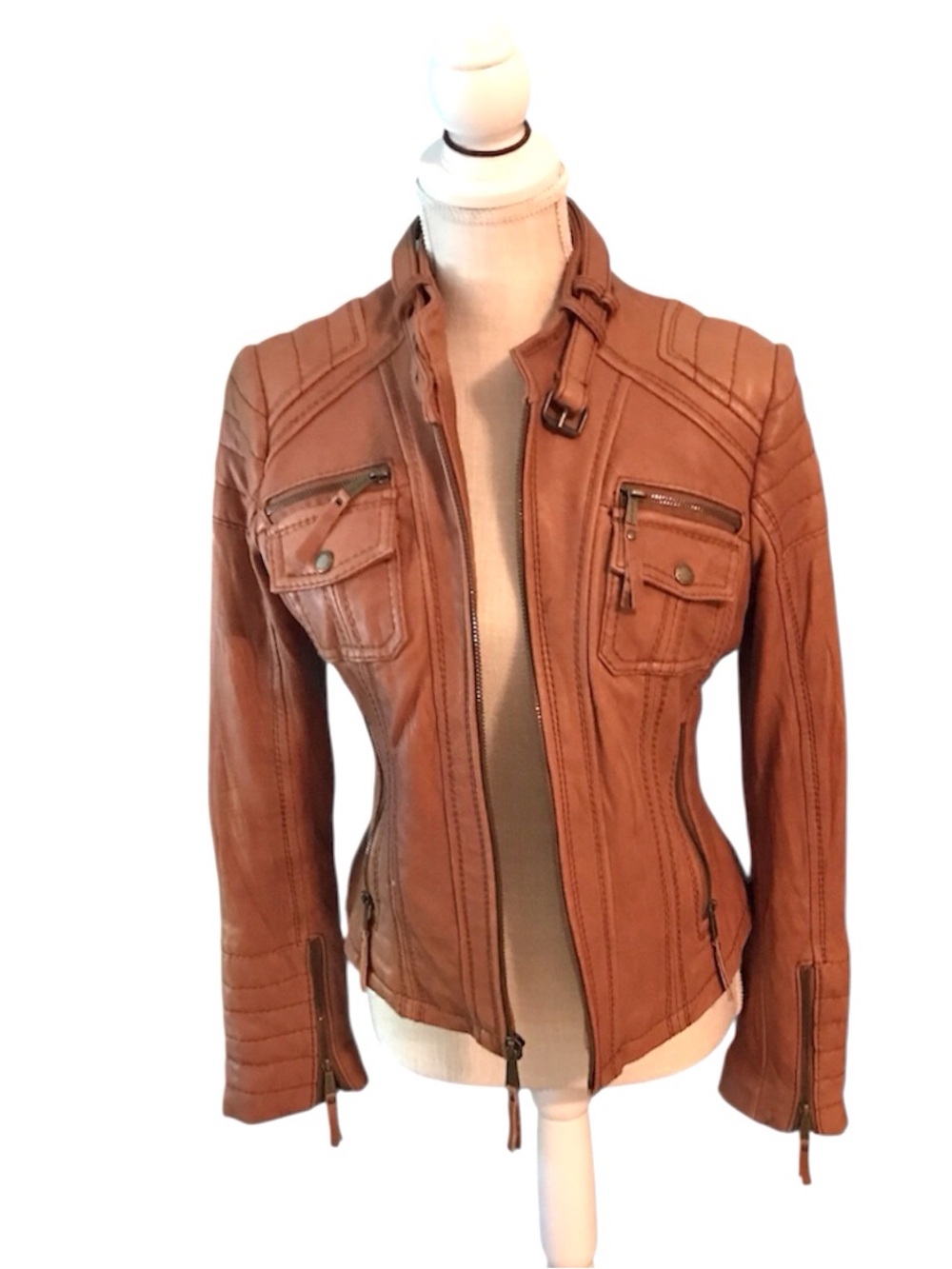 Michael Kors Cognac Leather Moto Jacket with Buckle Collar